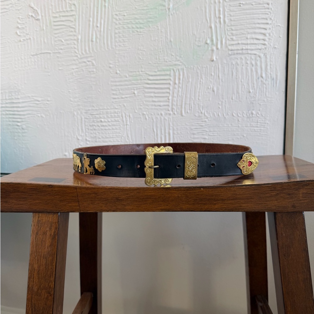 Black Leather Belt with Gold Accents